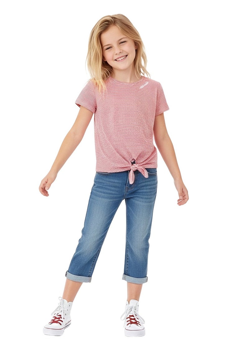 WiNi BEE Girls Short Sleeve T-Shirt | Red and White Striped Crew Neck Top with Tie Front | Casual Summer Tee for Ages 8-10, 10-12, 12-14, 14-16 Years - Image 3